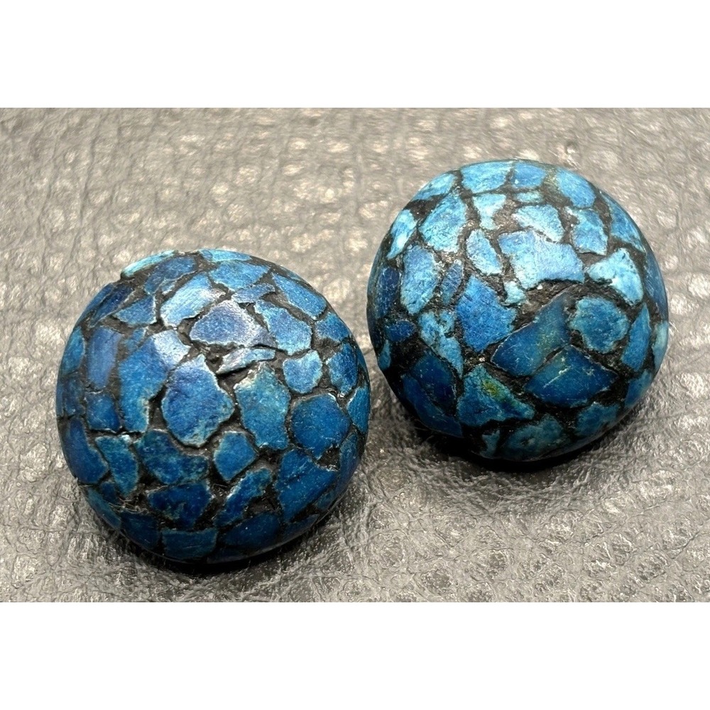 Vintage Made in India Blue Stone Chip Inlay Clip Earrings Boho Ethnic